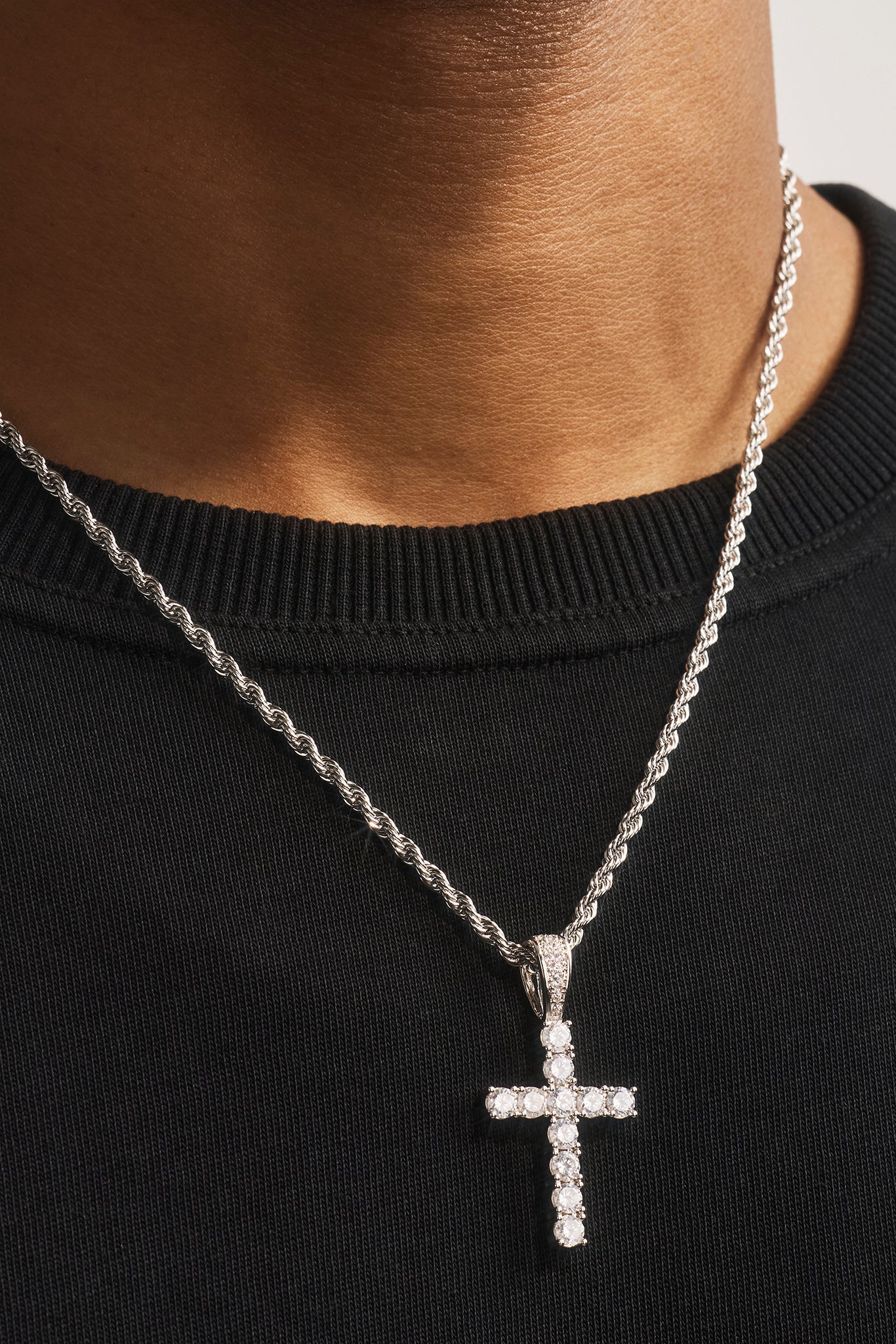 Iced Cross Pendant Rope Necklace - 30mm - White