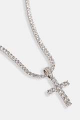 Iced Cross Pendant Tennis Necklace - 30mm - White