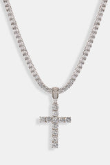 Iced Cross Pendant Tennis Necklace - 30mm - White
