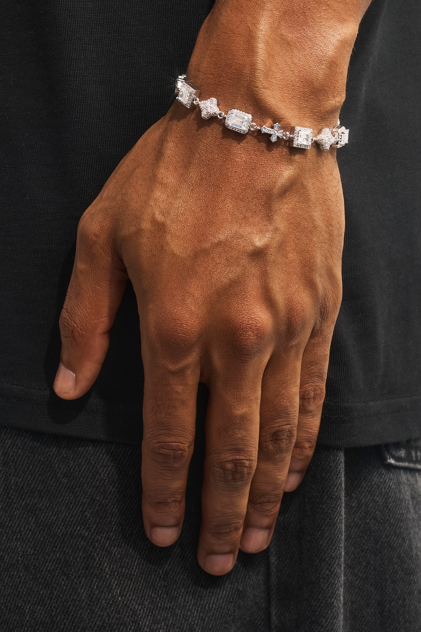Clear Motif & Cross Gemstone Bracelet - 8mm - White