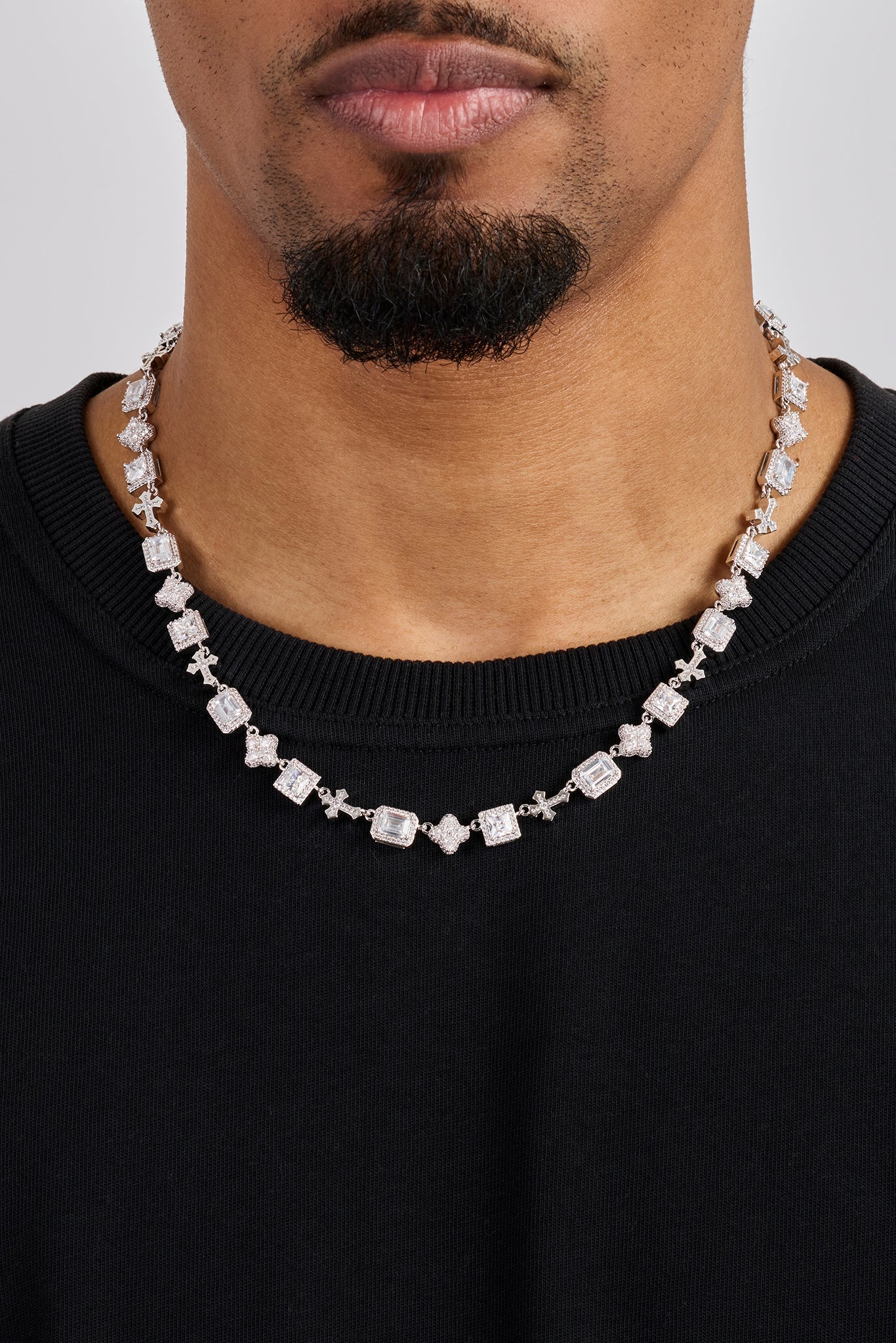 Clear Motif & Cross Gemstone Chain - 8mm - White