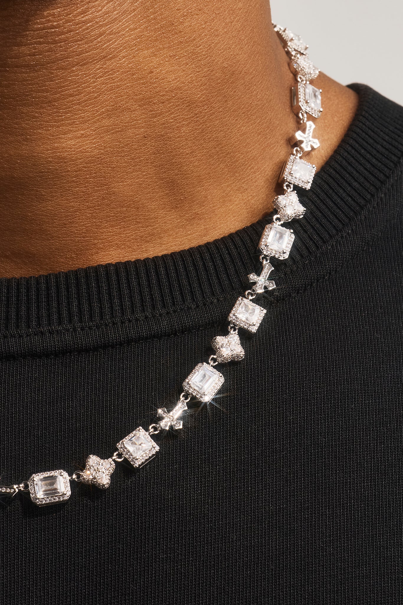 Clear Motif & Cross Gemstone Chain - 8mm - White