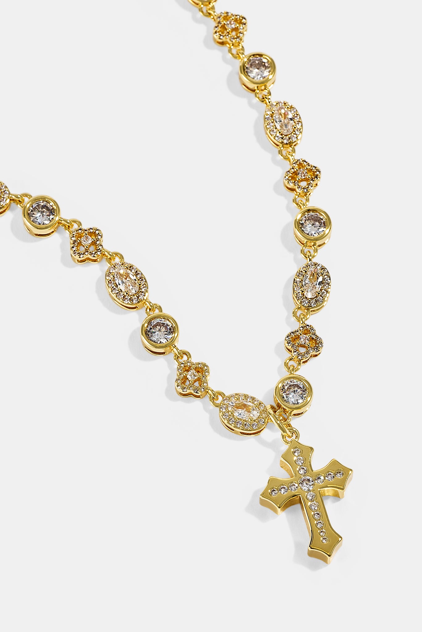 Womens Iced Drop Cross & Motif Multi Gemstone Chain - 6mm - Gold