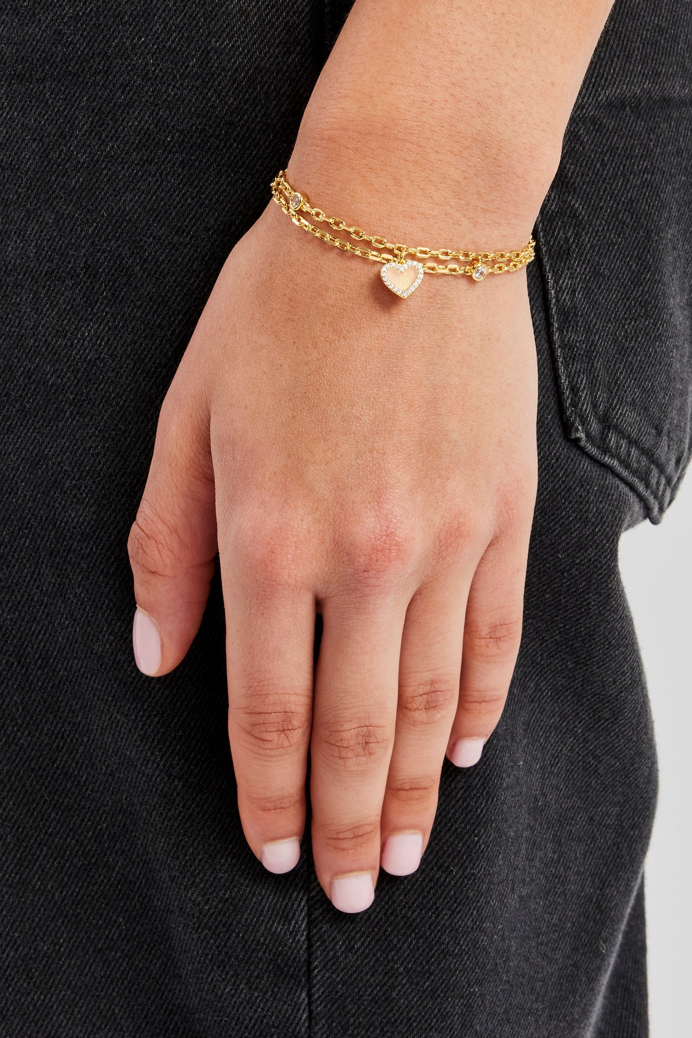 Double Layer Iced & Pink Agate Heart Rolo Bracelet - 8mm