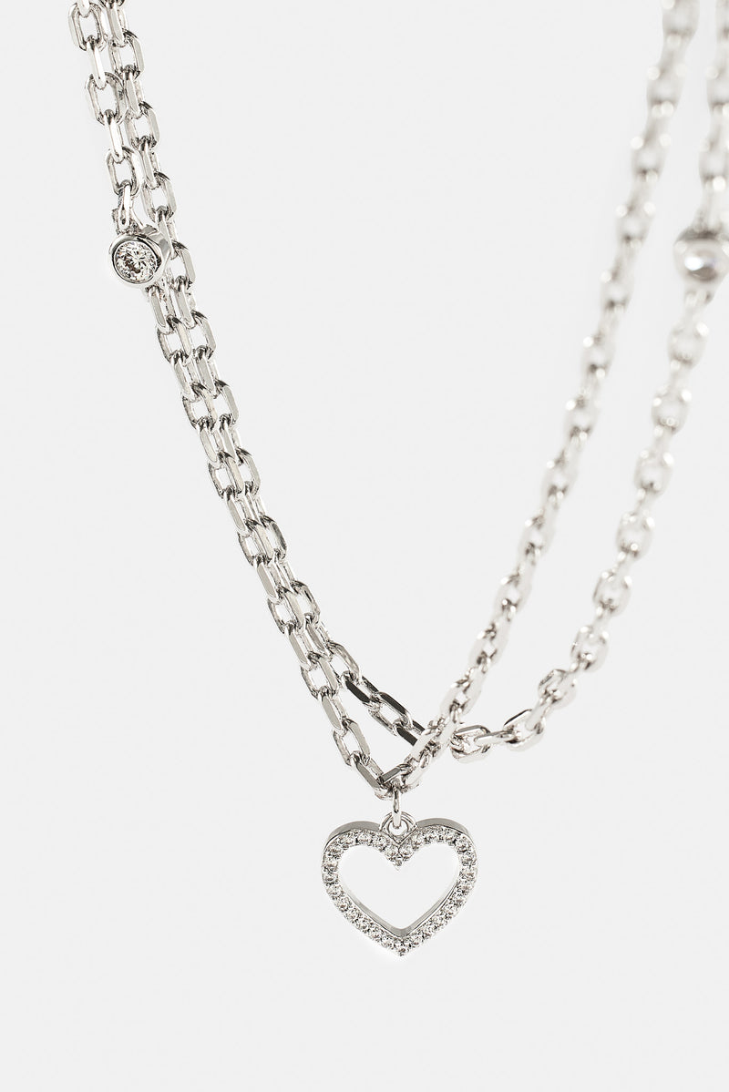 Double Layer Iced & Heart Rolo Necklace - 12mm