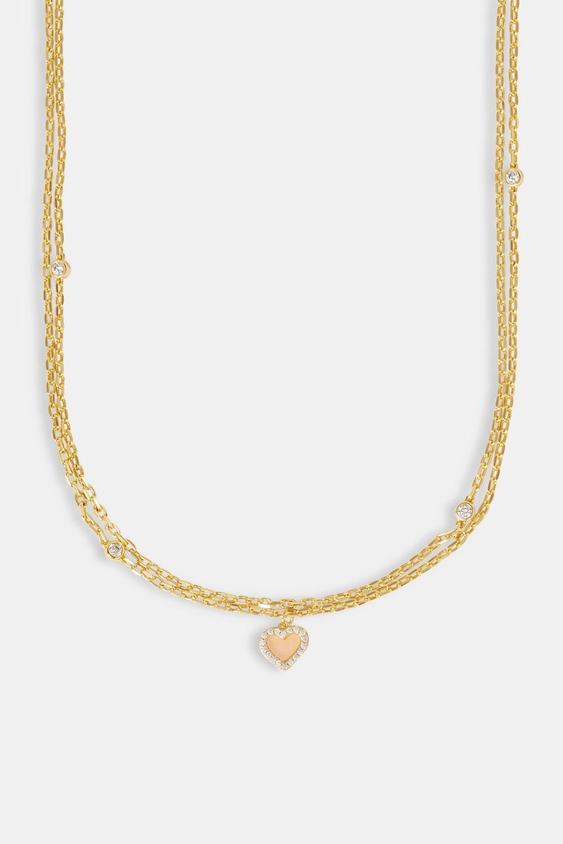 Double Layer Iced & Pink Agate Heart Rolo Necklace - 8mm