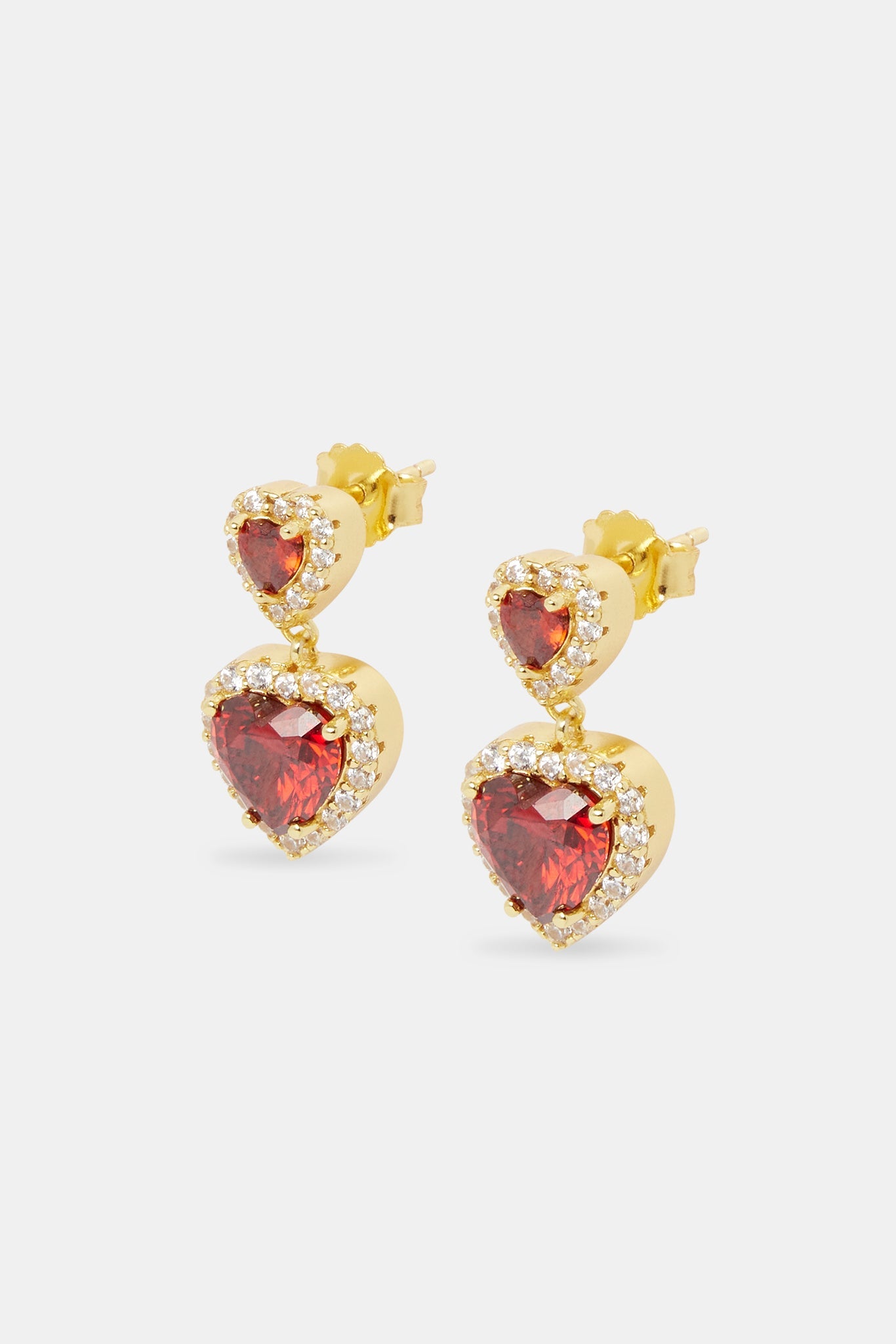 Red Double Heart Drop Earrings - Gold - 25mm