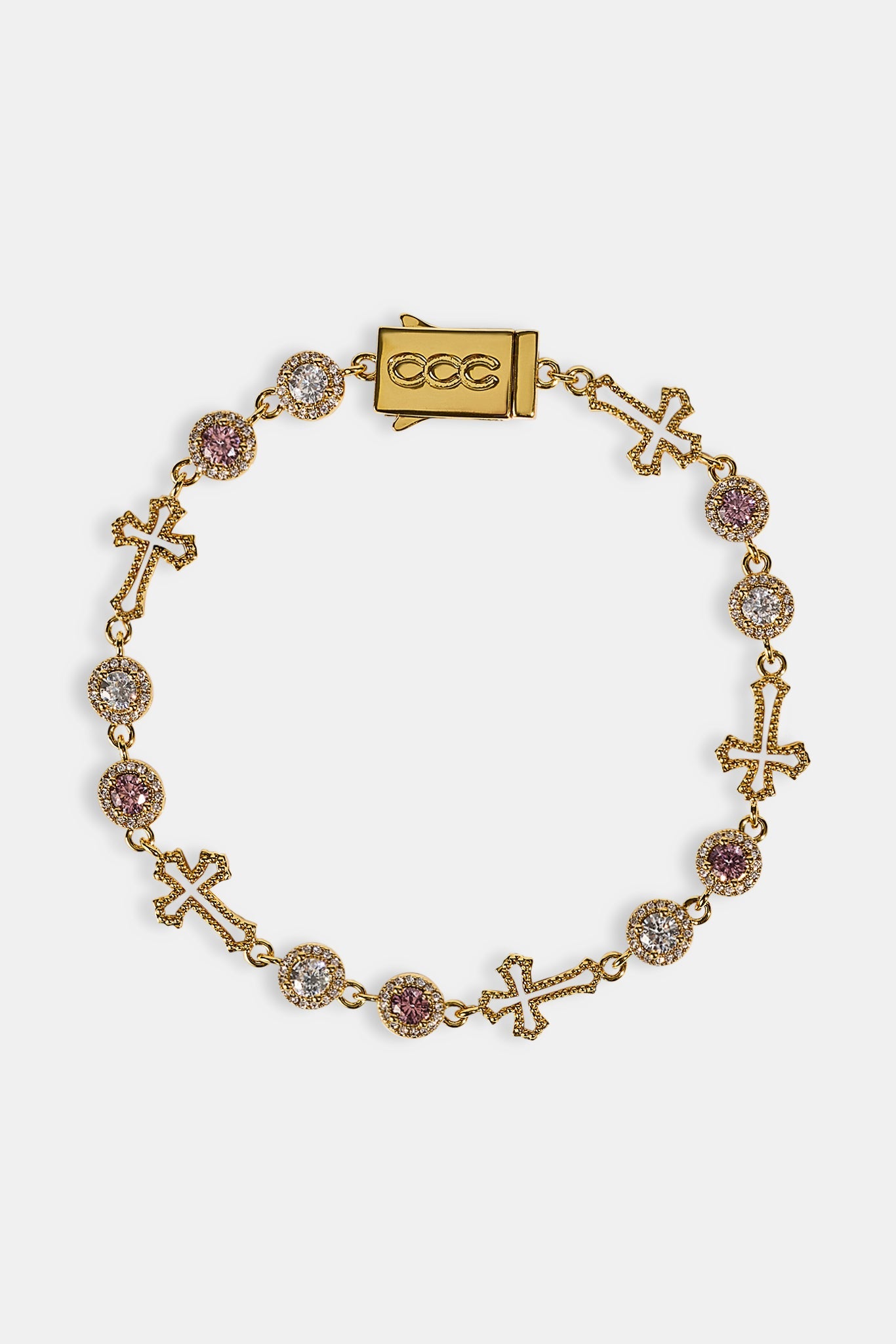 Circle CZ & Cross Outline Multigem Bracelet - 6mm - Gold
