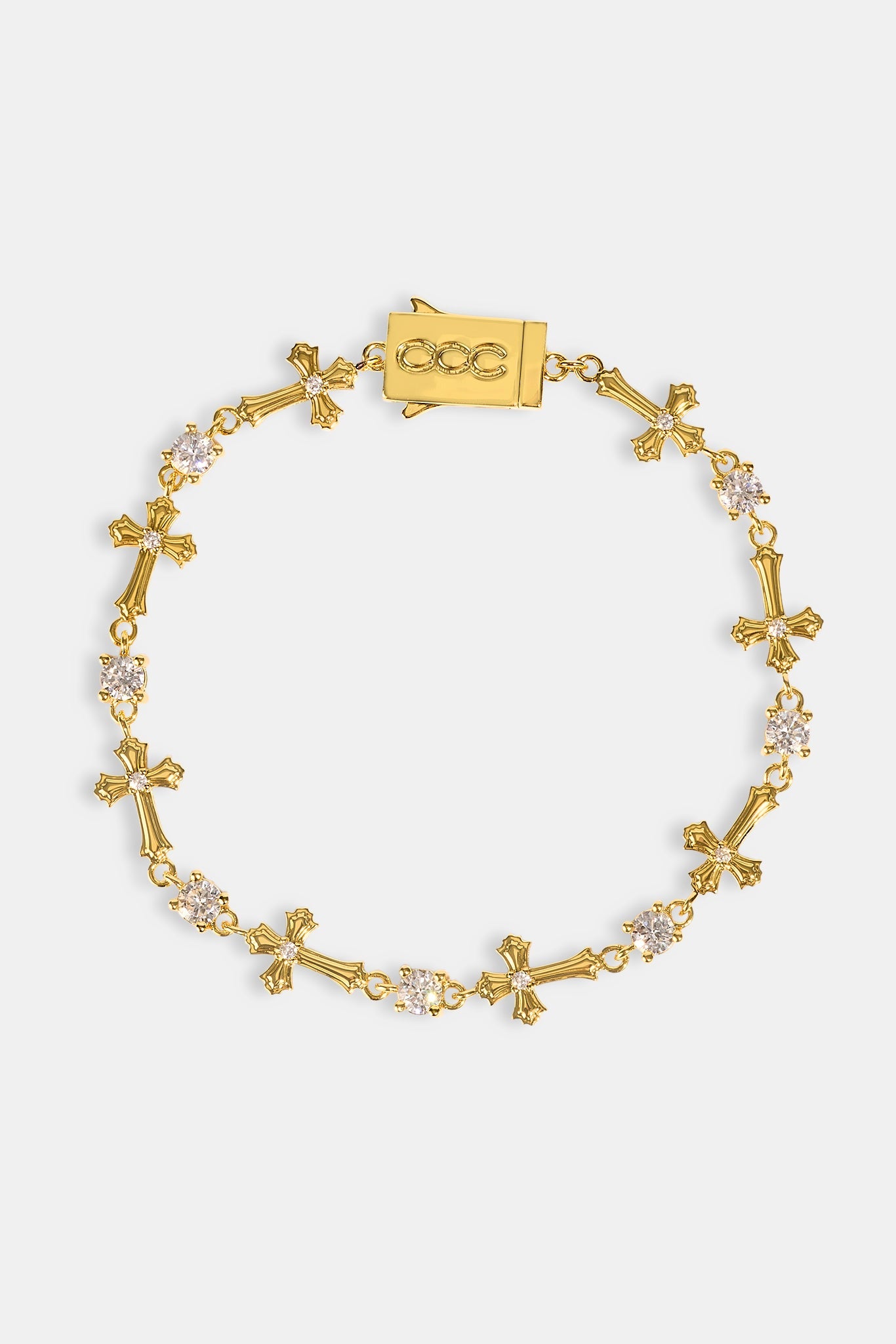 Polished Cross & Circular CZ Bracelet - 4mm - Gold