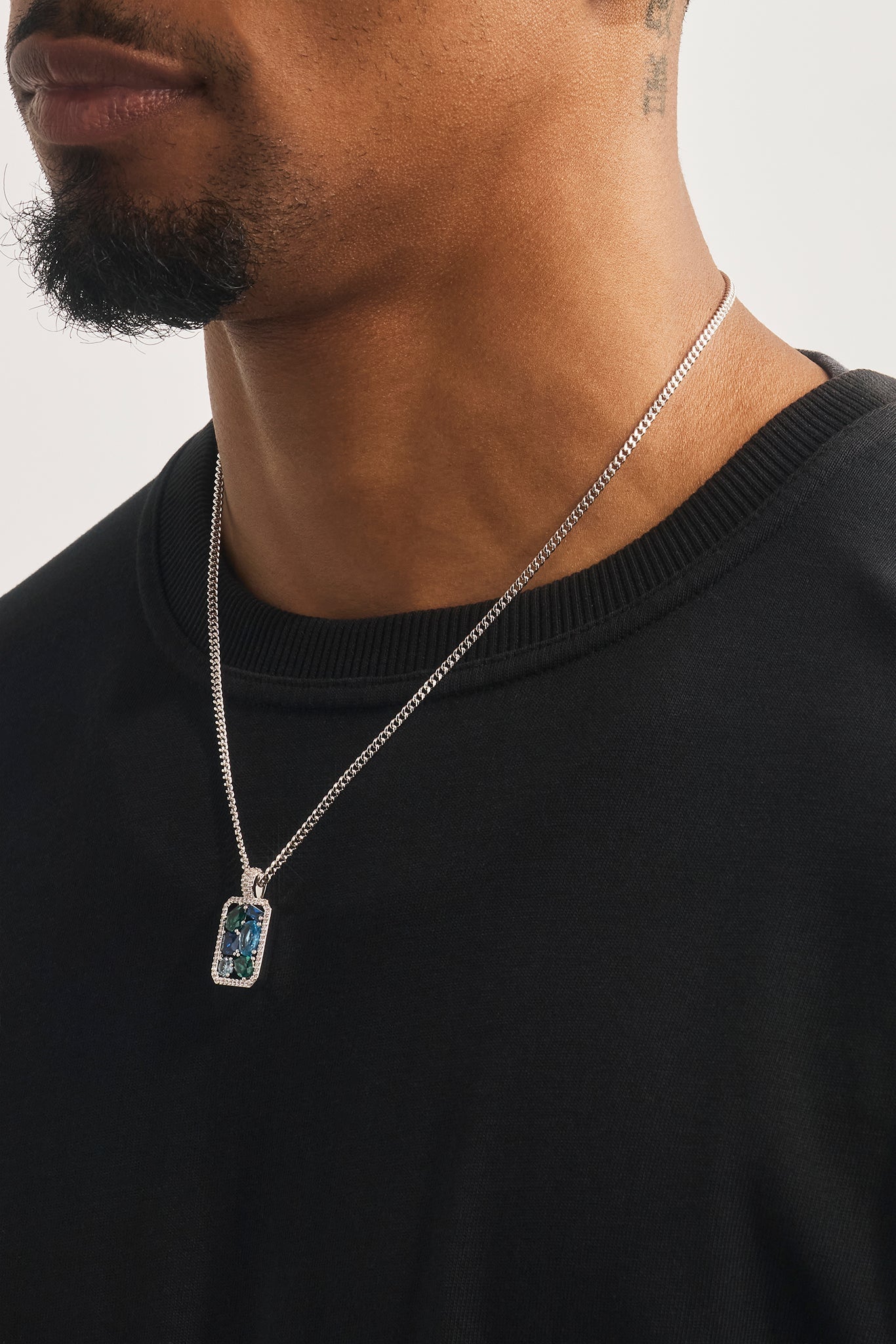 Blue Mixed Gemstone Pendant Necklace - 20mm - White