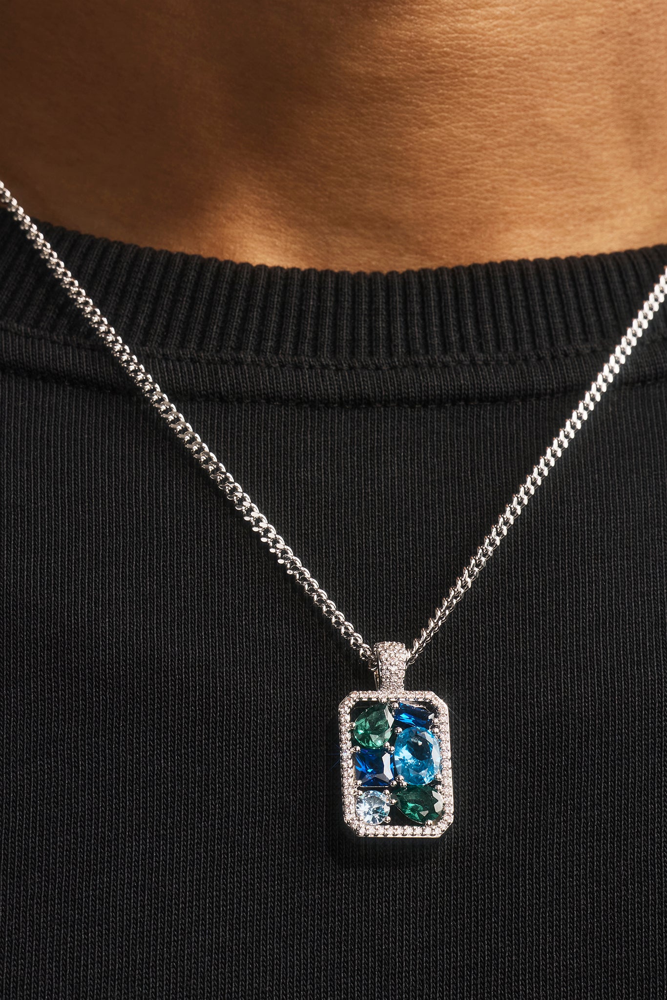 Blue Mixed Gemstone Pendant Necklace - 20mm - White