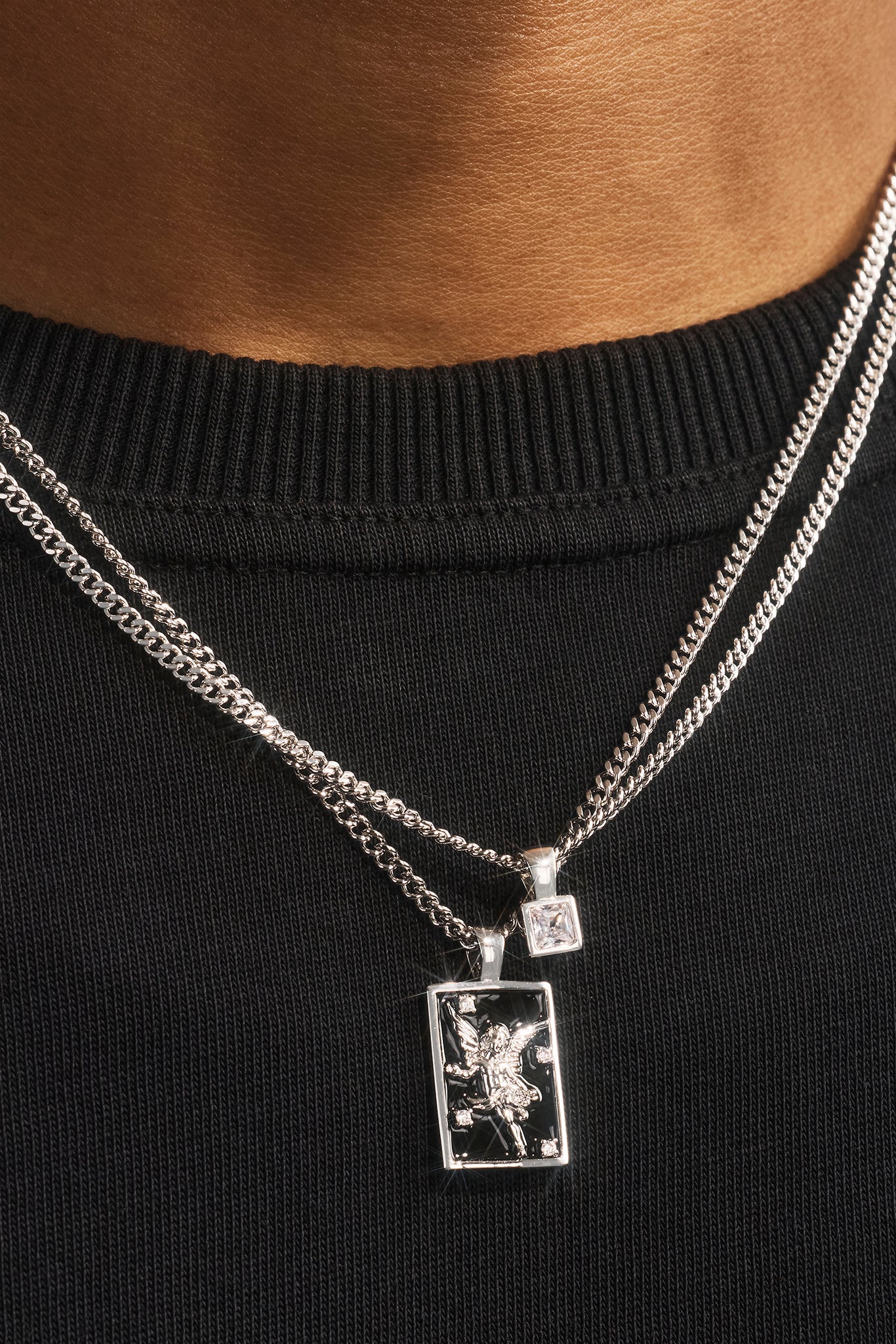 Black Enamel Double Layer Stone & Cherub Pendant Necklace - 20mm - White