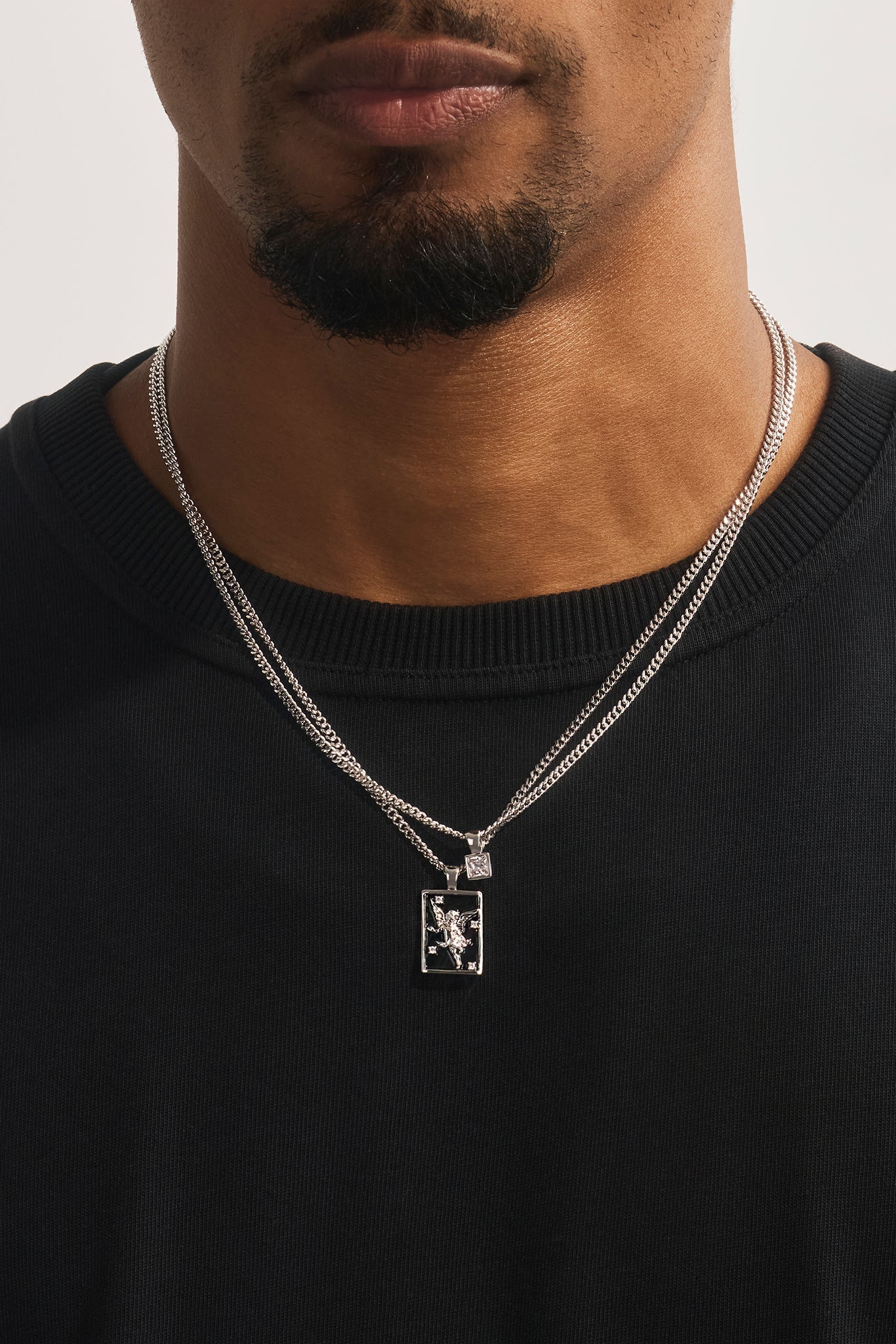 Black Enamel Double Layer Stone & Cherub Pendant Necklace - 20mm - White