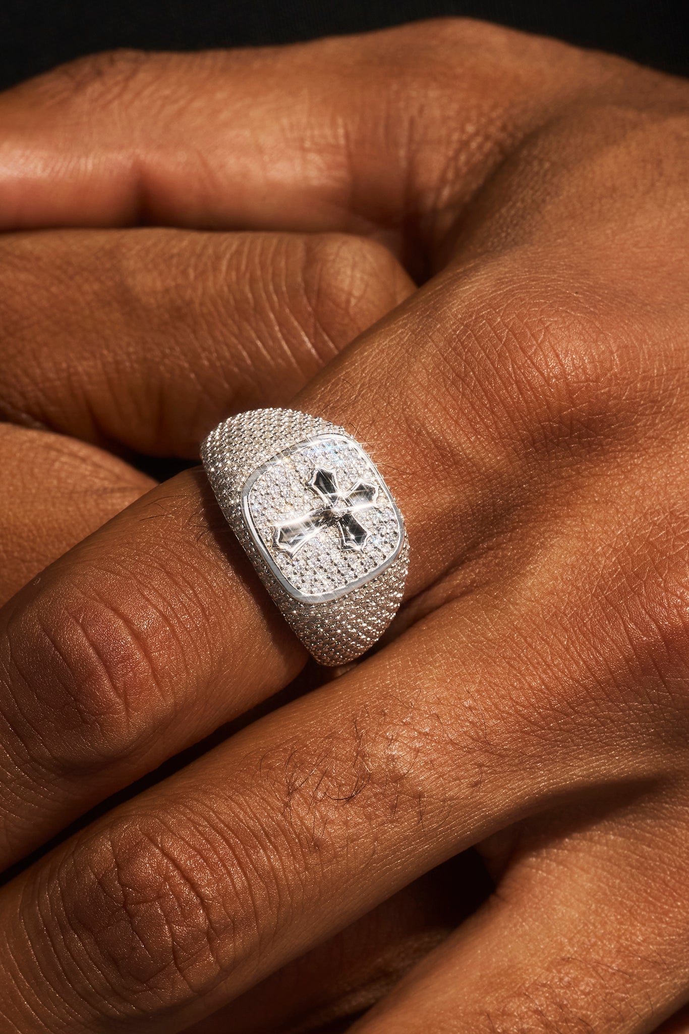 Black Enamel Cross & Iced Pave Signet - 15mm - White