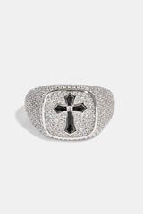 Black Enamel Cross & Iced Pave Signet - 15mm - White