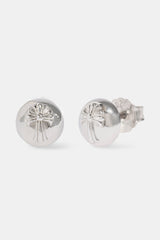 Polished Round Embossed Cross Stud Earrings - 8mm - White