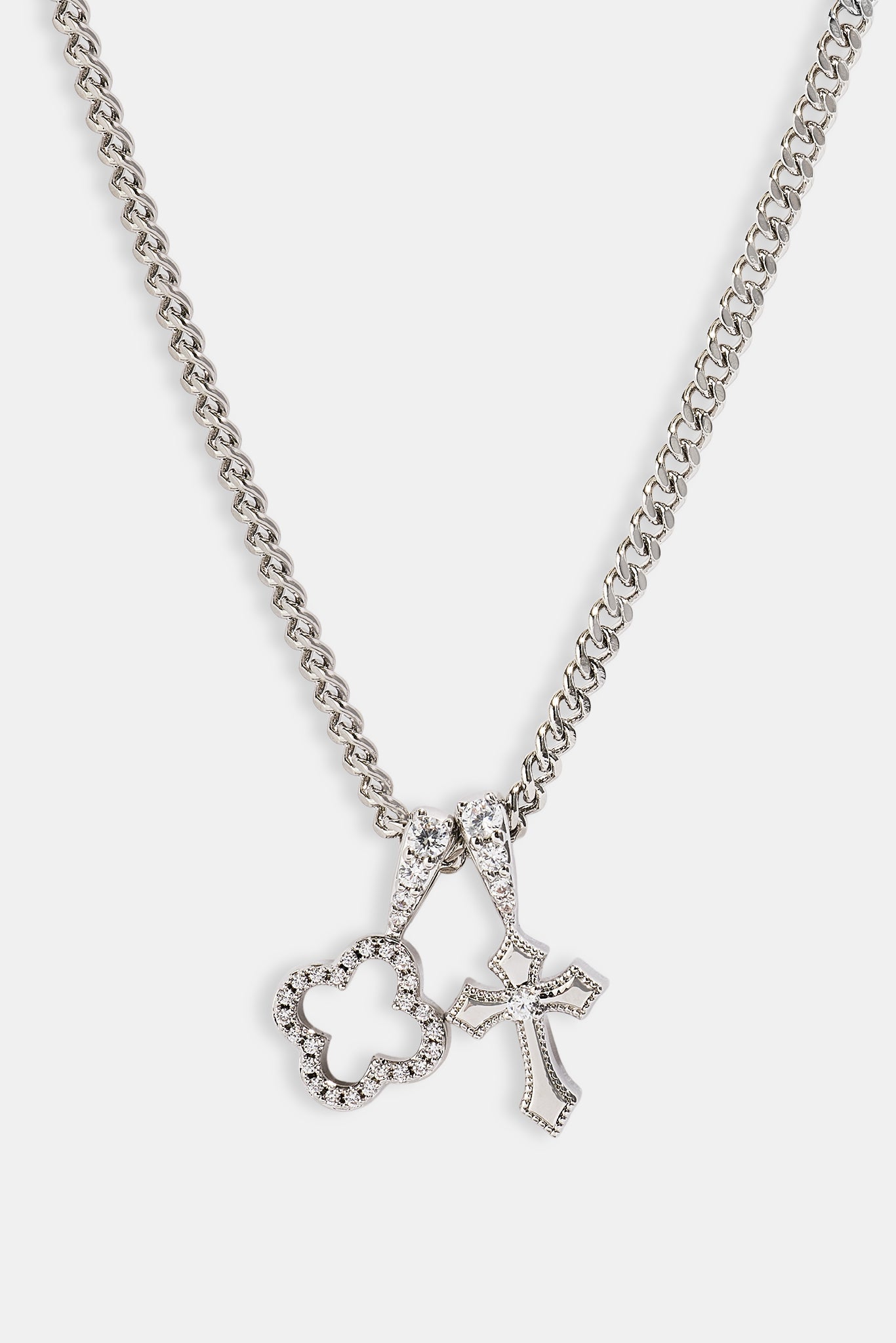 Iced Motif & Cross Pendant Necklace - 10mm - White