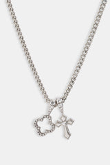 Iced Motif & Cross Pendant Necklace - 10mm - White