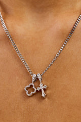 Iced Motif & Cross Pendant Necklace - 10mm - White
