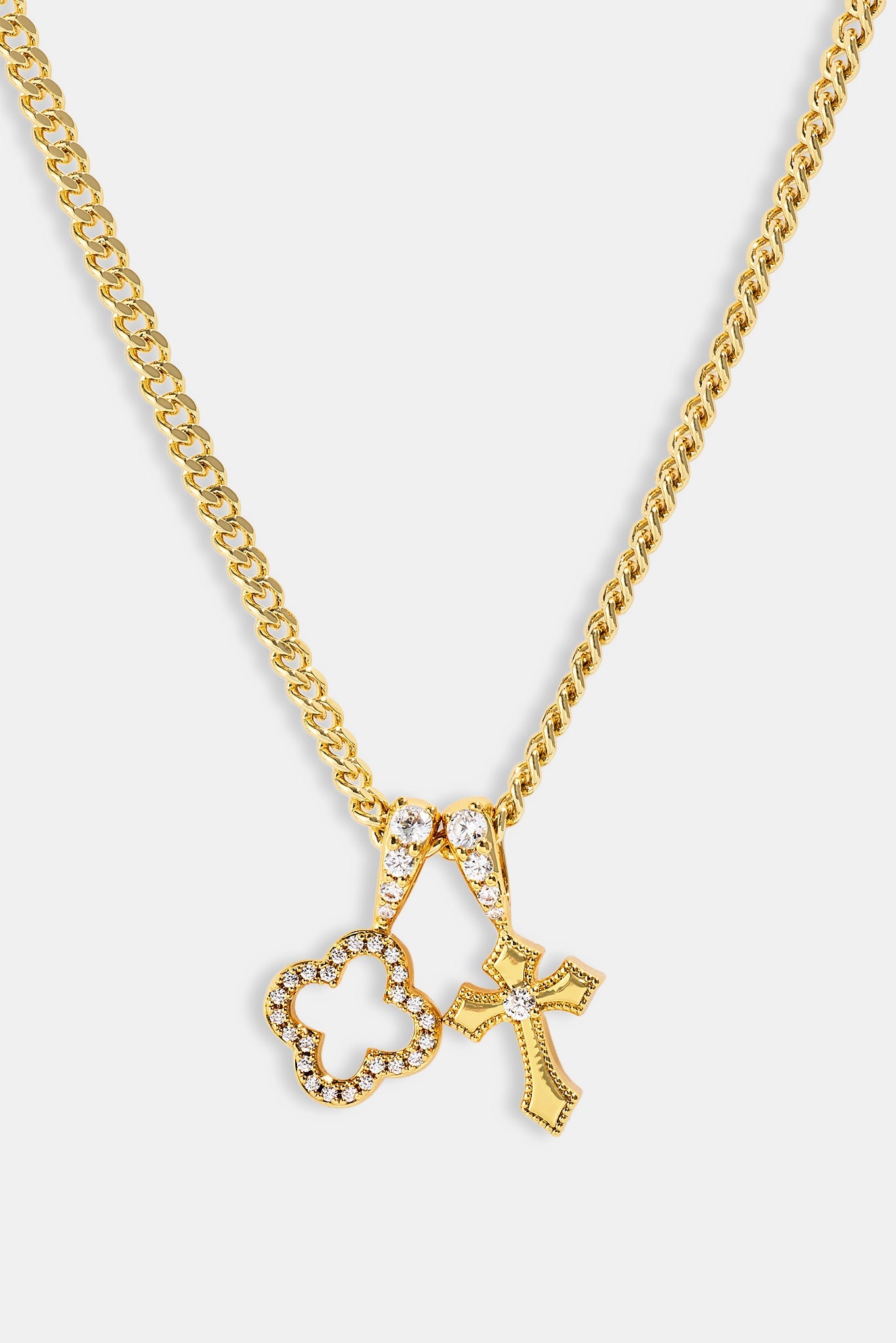 Iced Motif & Cross Pendant Necklace - 10mm - Gold