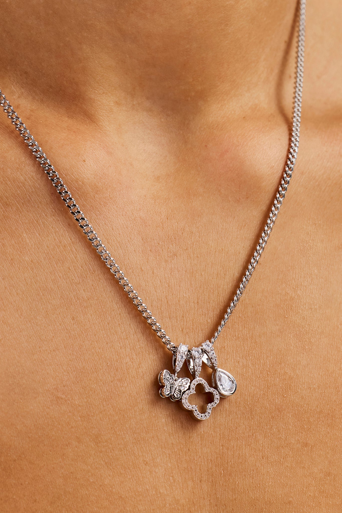 Triple Layer Butterfly Motif Necklace - 10mm - White