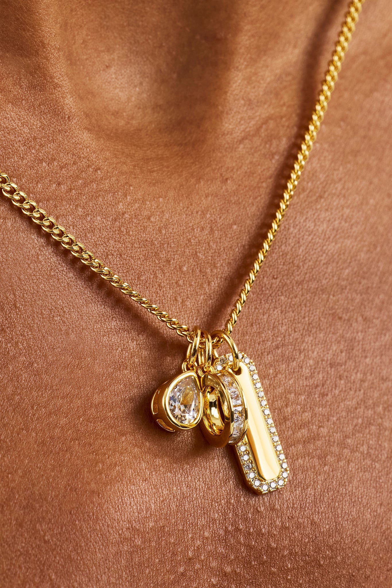 Triple Pendant Iced Necklace - 10mm - Gold