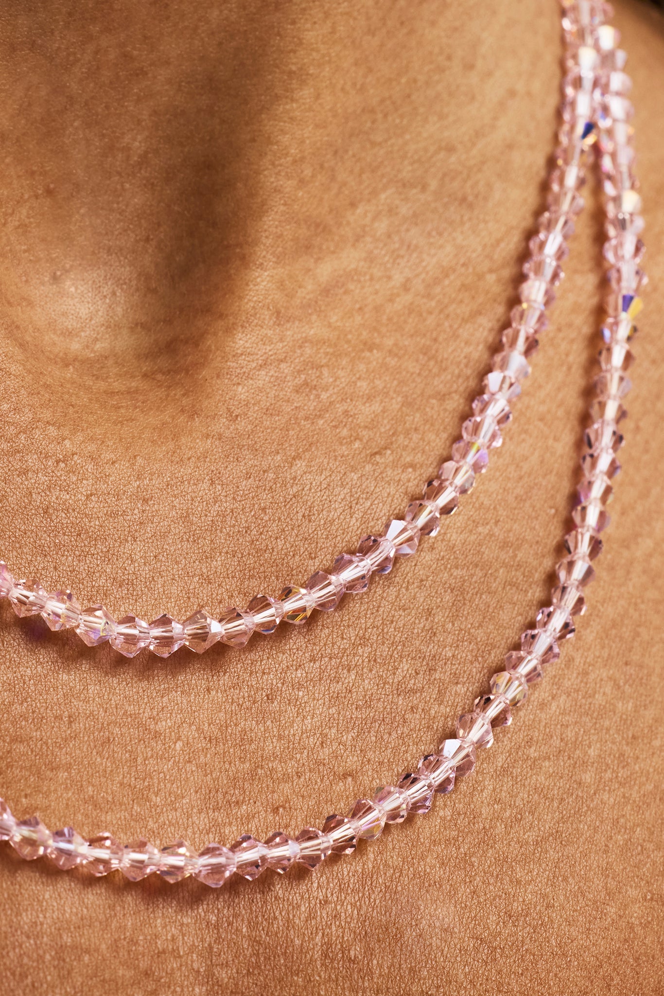 Pink Double Layer Glass Bead Necklace - 4mm - White