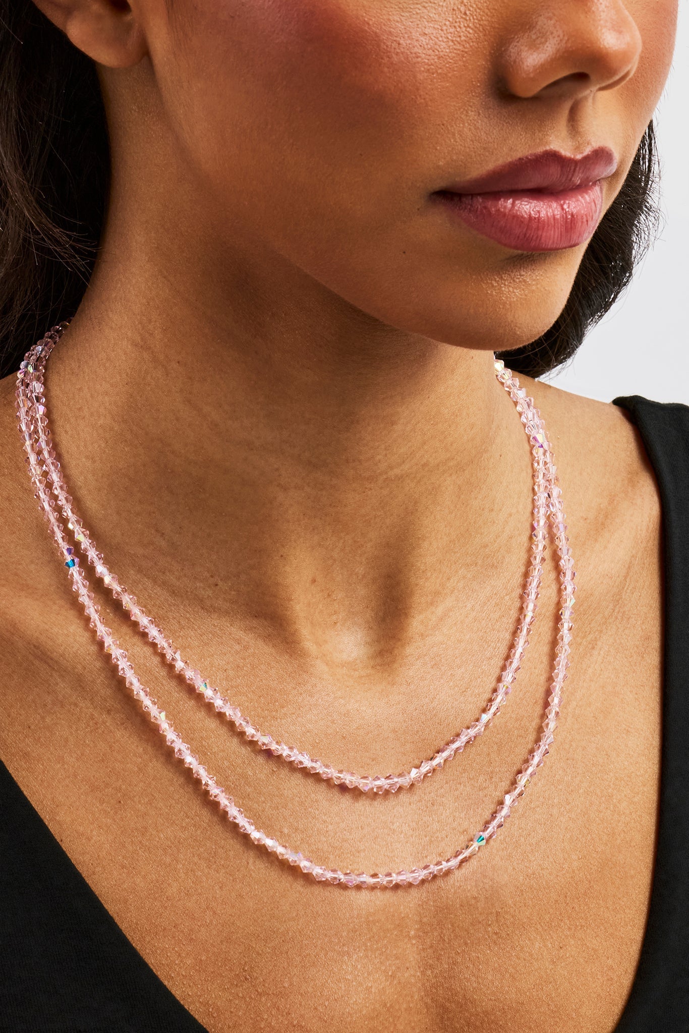 Pink Double Layer Glass Bead Necklace - 4mm - White