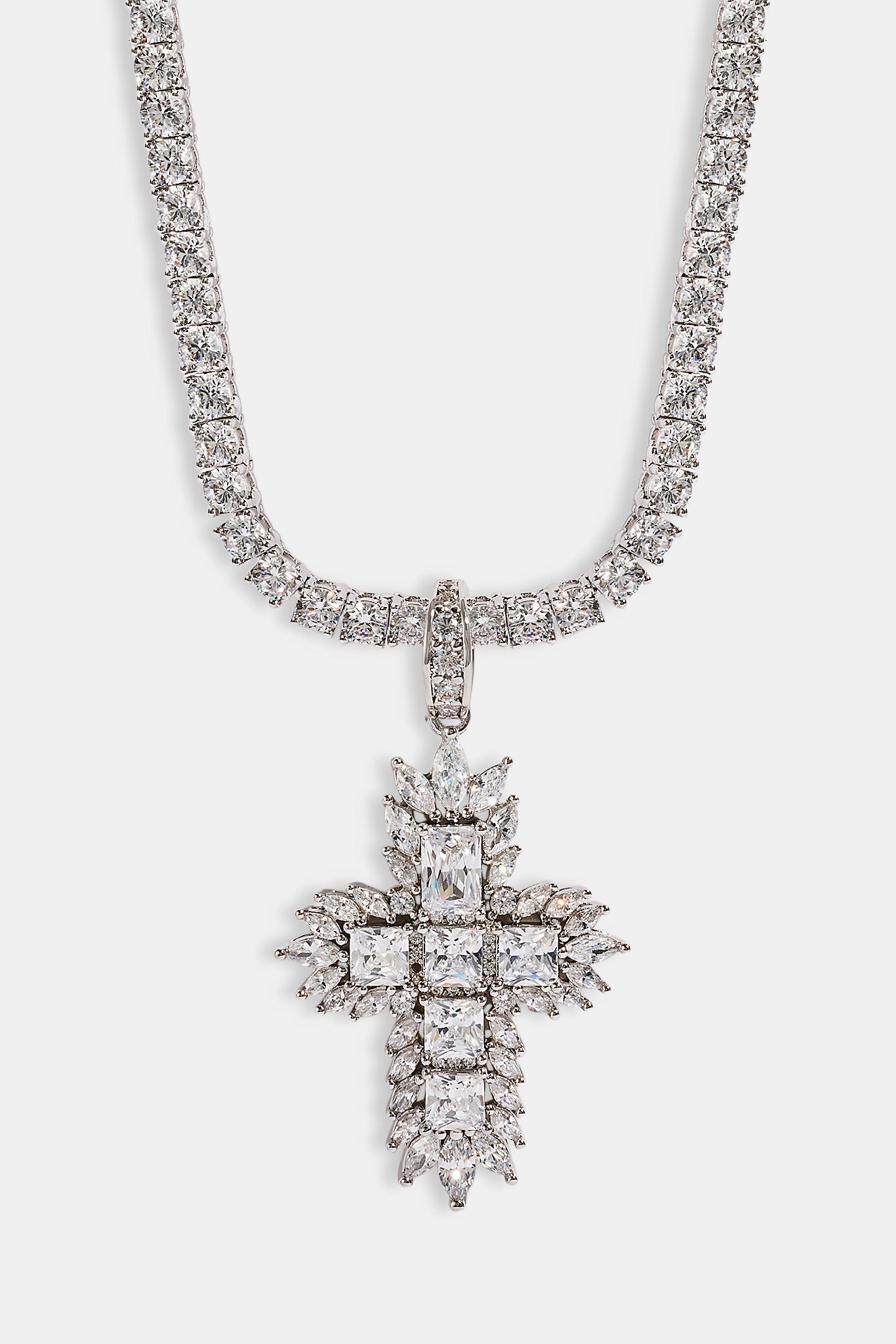 Gemstone Iced Cross Pendant Tennis Necklace - 30mm - White