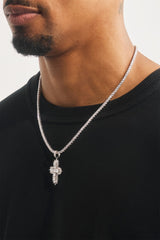 Gemstone Iced Cross Pendant Tennis Necklace - 30mm - White