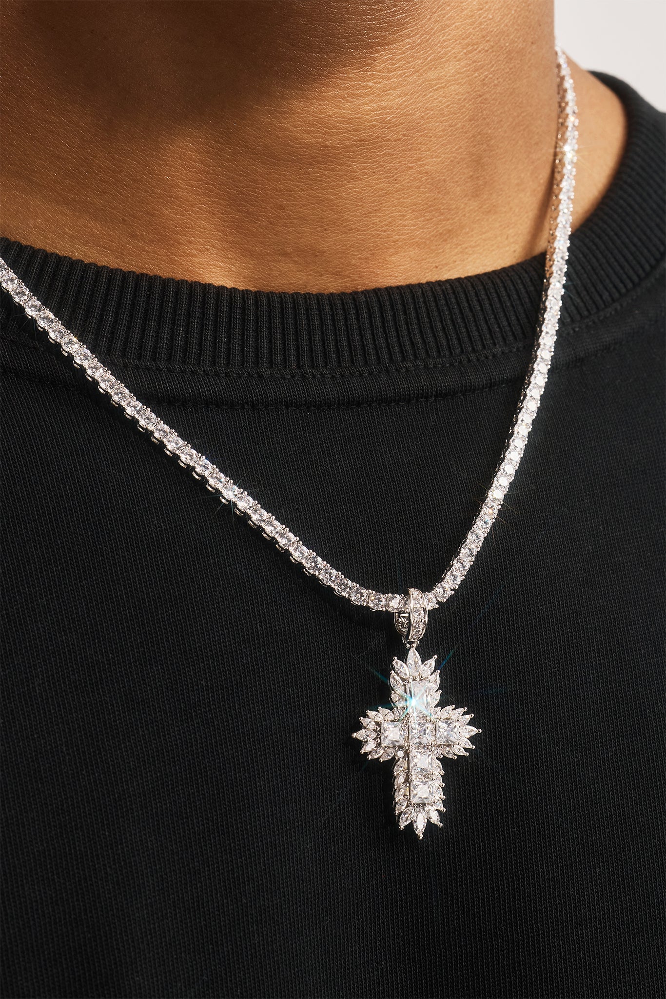 Gemstone Iced Cross Pendant Tennis Necklace - 30mm - White