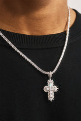 Gemstone Iced Cross Pendant Tennis Necklace - 30mm - White