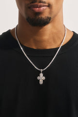 Gemstone Iced Cross Pendant Tennis Necklace - 30mm - White