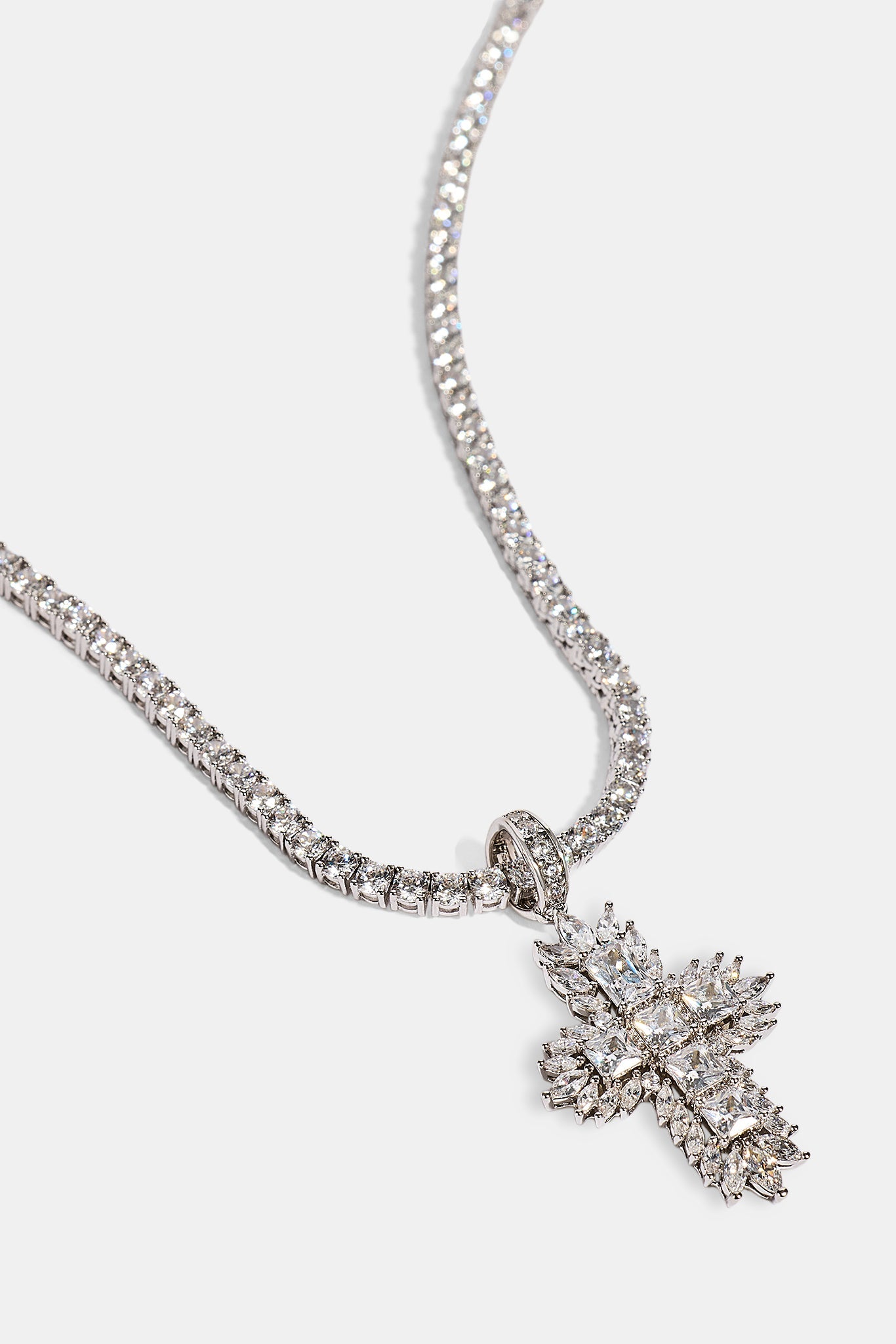 Gemstone Iced Cross Pendant Tennis Necklace - 30mm - White