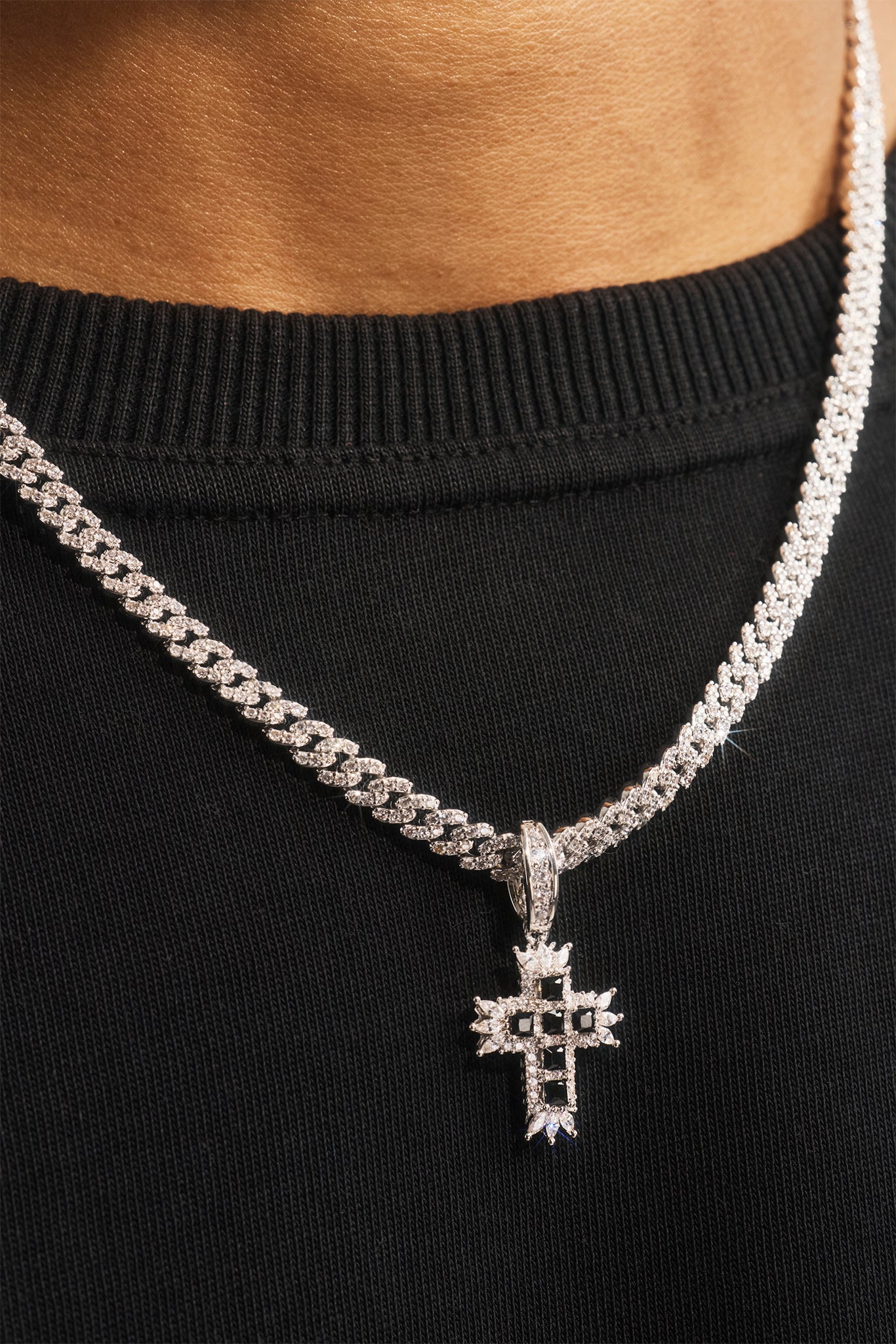 Black Iced Cross Pendant Cuban Necklace - 20mm - White