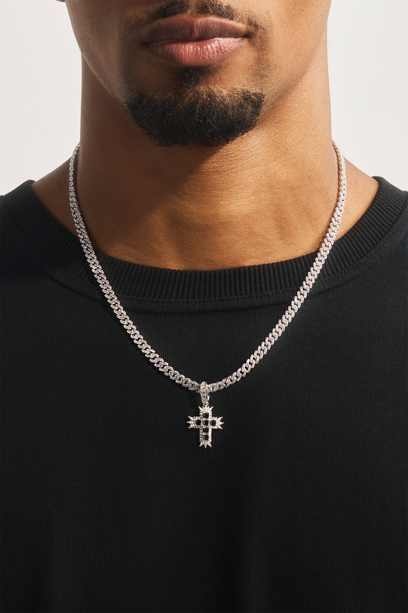 Black Iced Cross Pendant Cuban Necklace - 20mm - White