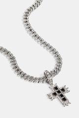 Black Iced Cross Pendant Cuban Necklace - 20mm - White
