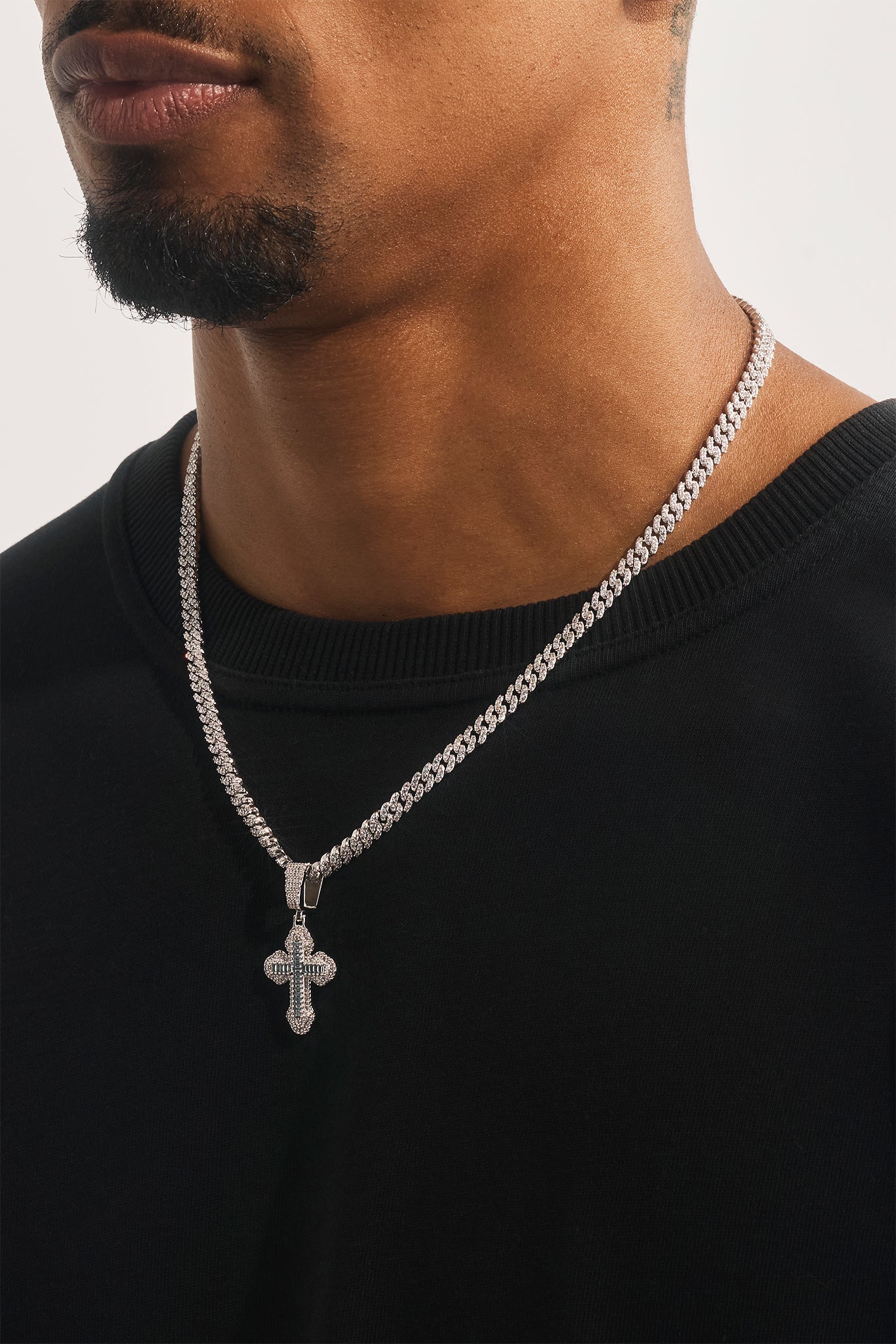 Blue Iced Cross Pendant Cuban Necklace - 25mm - White
