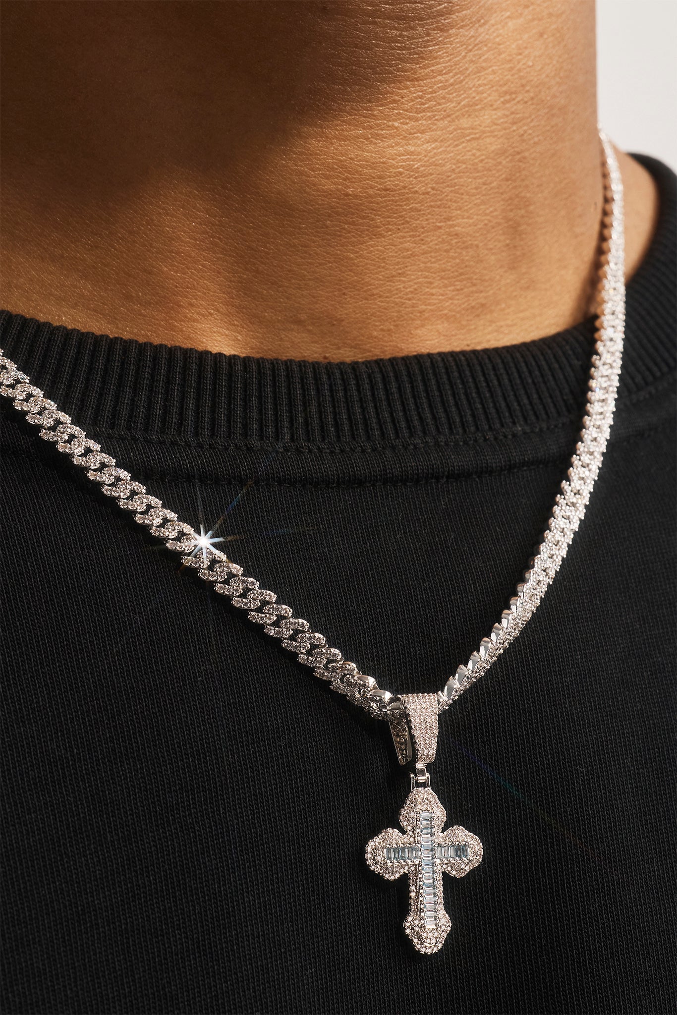 Blue Iced Cross Pendant Cuban Necklace - 25mm - White
