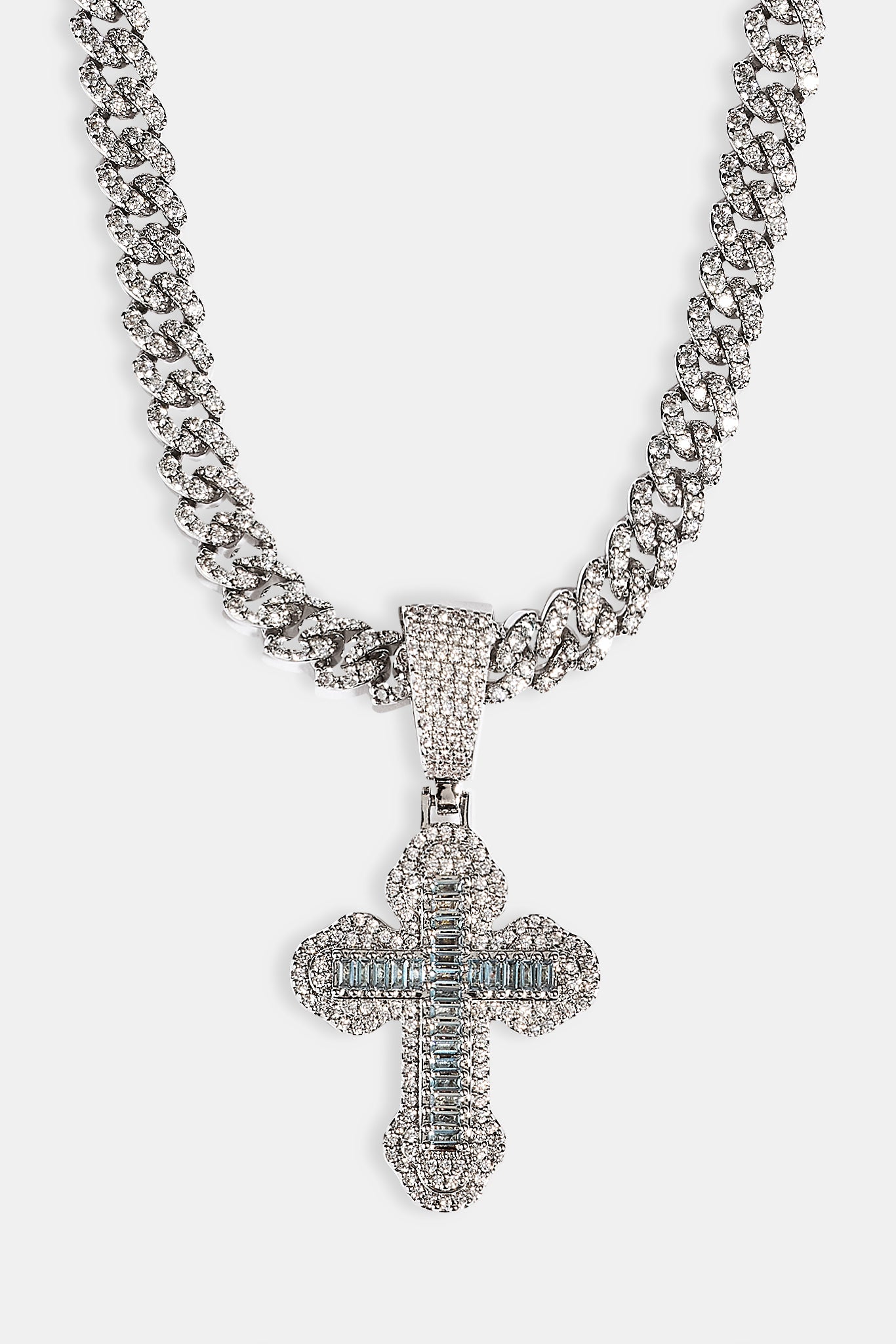 Blue Iced Cross Pendant Cuban Necklace - 25mm - White