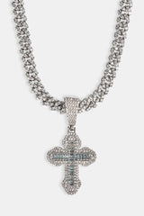 Blue Iced Cross Pendant Cuban Necklace - 25mm - White