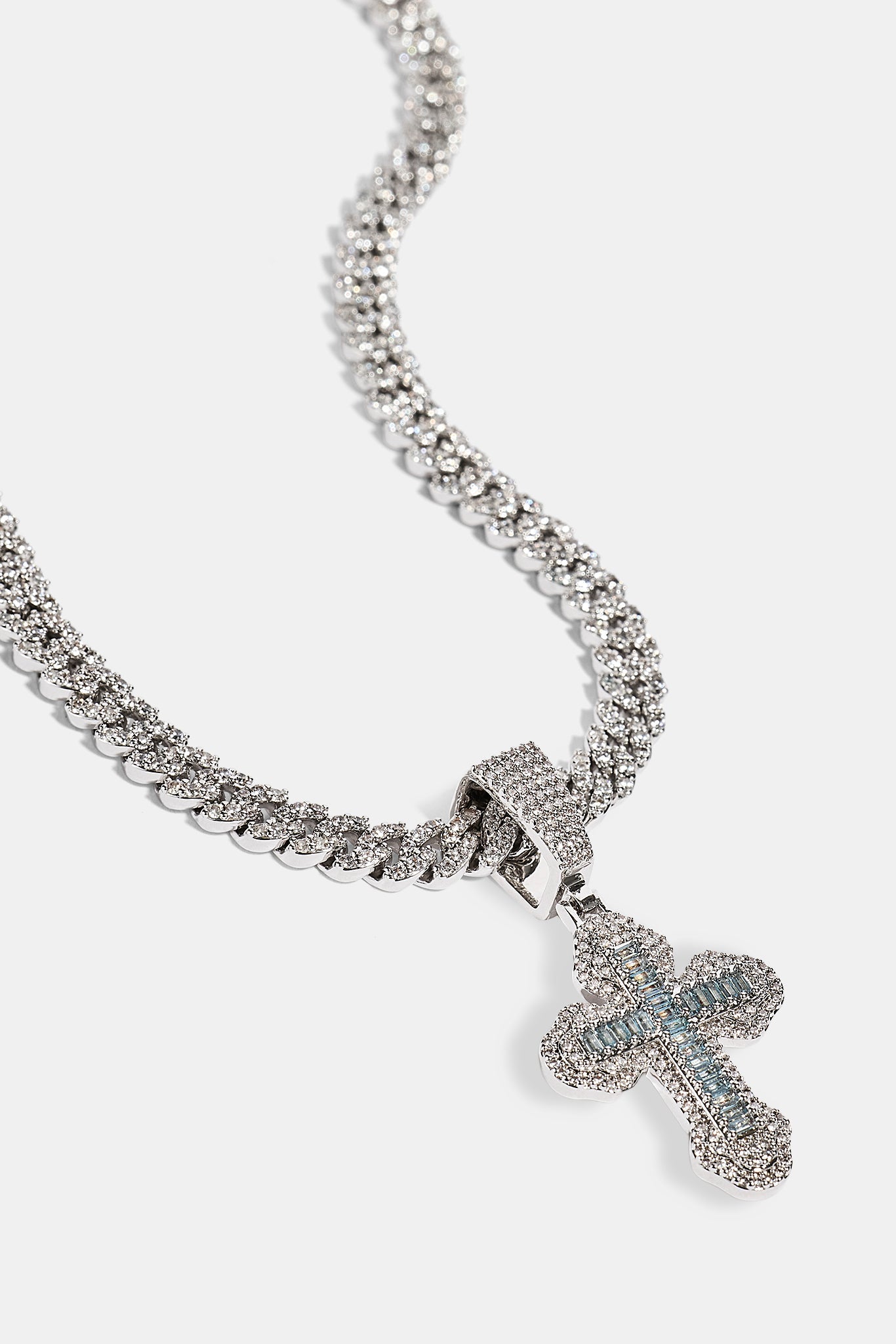 Blue Iced Cross Pendant Cuban Necklace - 25mm - White