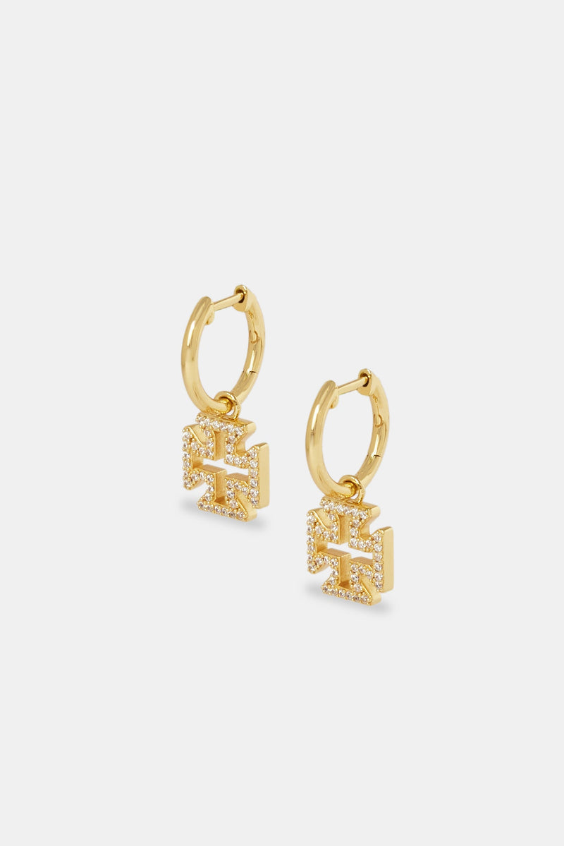 925 Gold Plated Iced Motif Hoops - 25mm