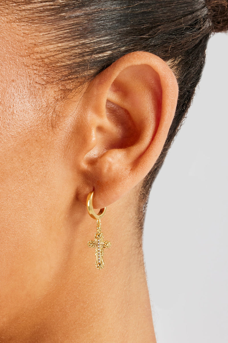 28mm Drop Cross Earring - Gold