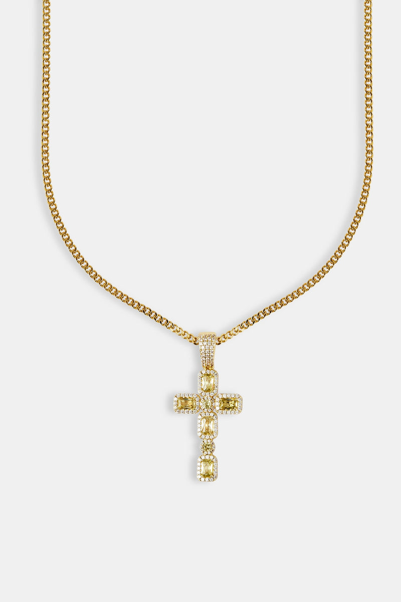 Iced Green Gemstone Cross Cuban Necklace - 40mm