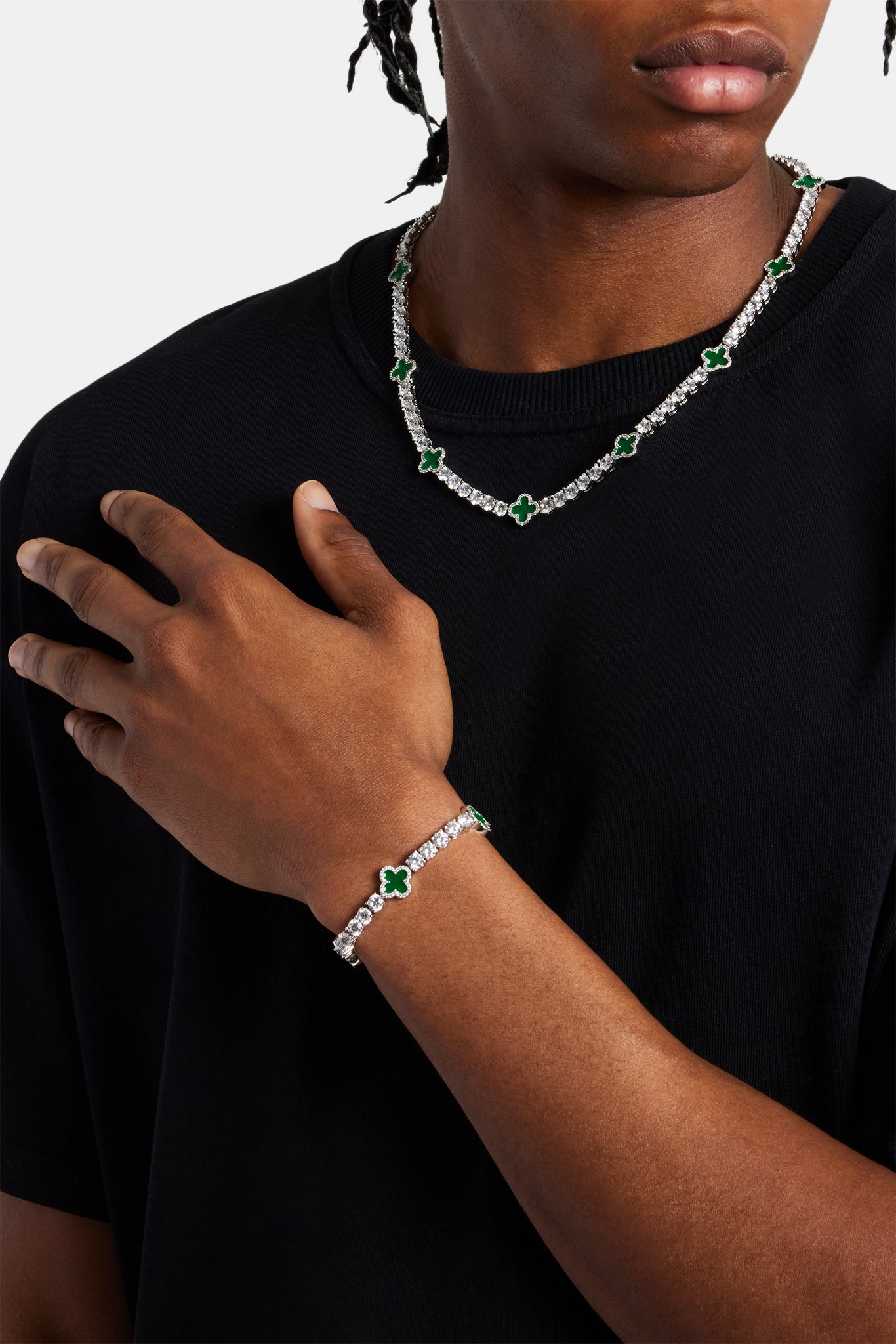 Mens Green Motif Tennis Chain + Bracelet - 5mm