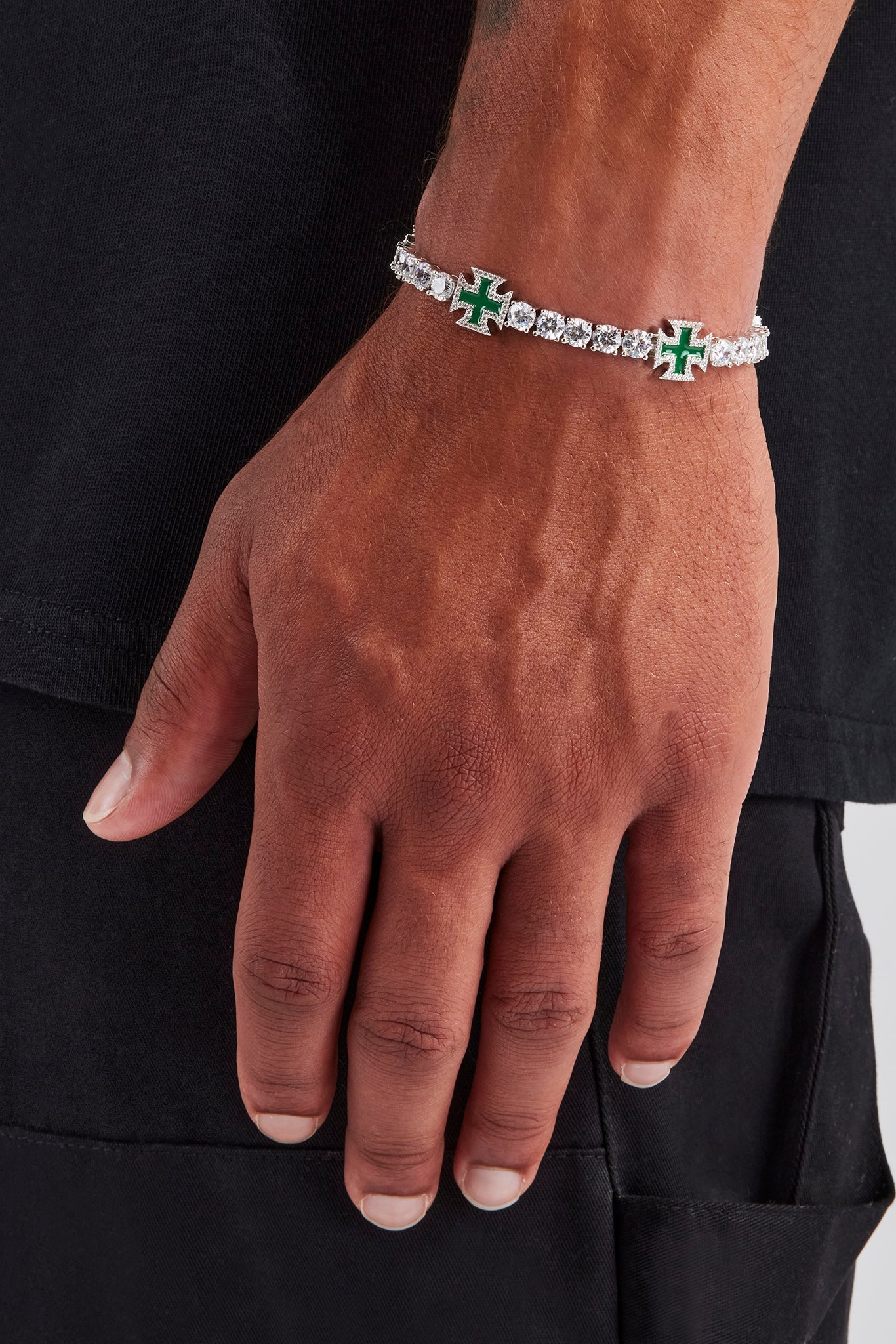 Green Cross Motif Tennis Bracelet - 5mm | Mens Bracelets | Shop