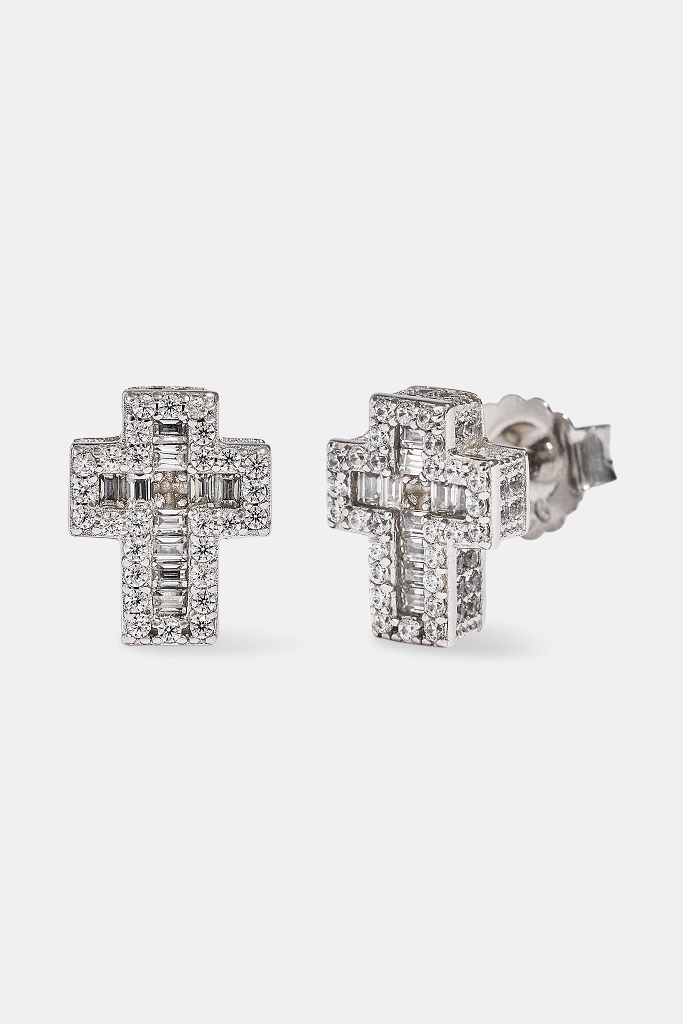 Iced Baguette Cross Stud Earrings - 10mm - White