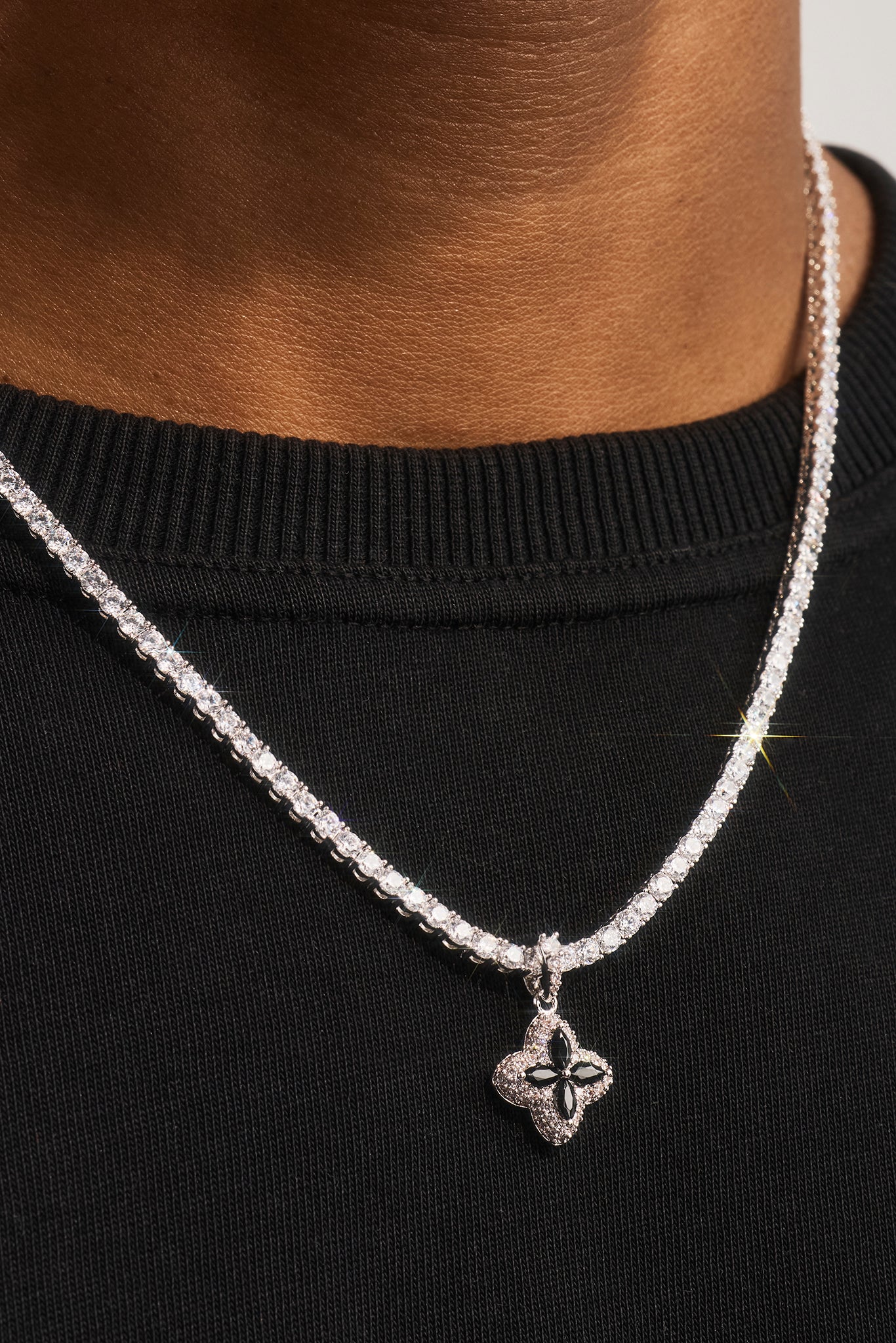 Iced Black Baguette Motif Infinity Tennis Necklace - 15mm - White