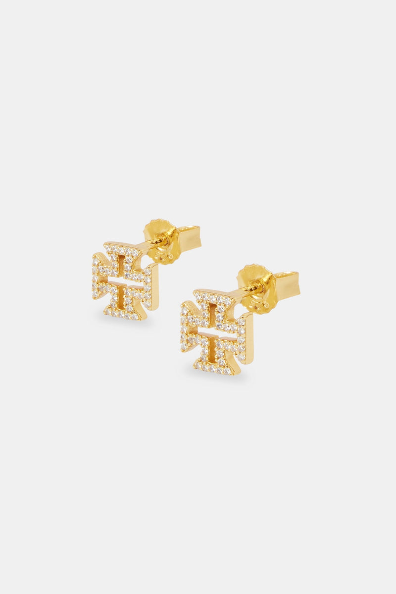 Iced Cross Motif Outline Stud Earrings - 8mm - Gold